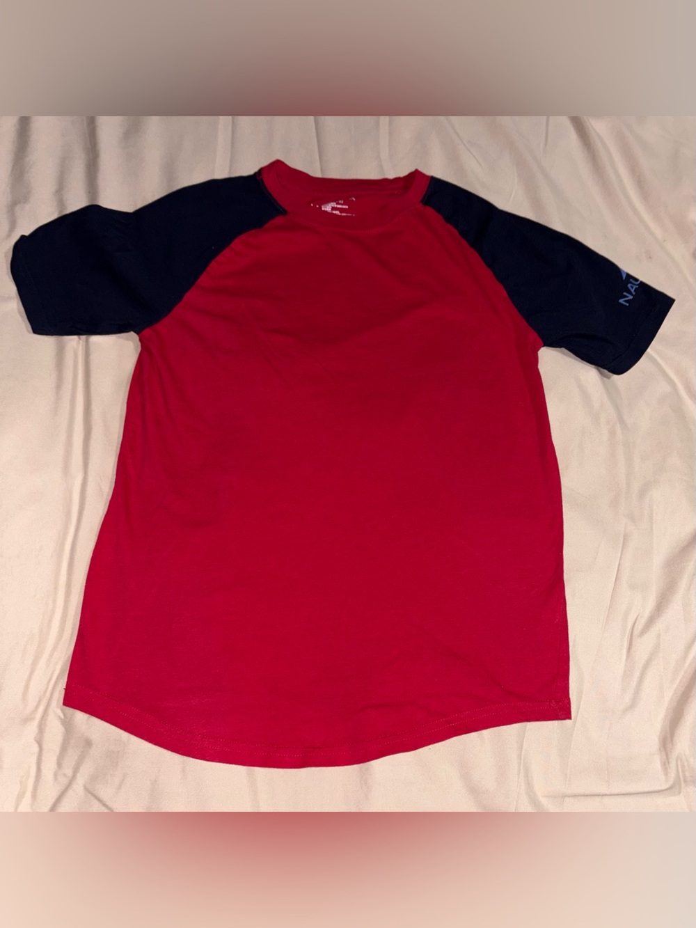 Nautica Boys Red Raglan T-Shirt Size Large (14/16) Logo Sleeve Cotton